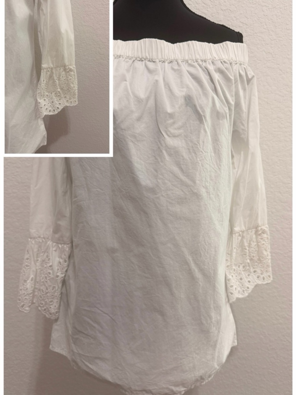 Beachlounge White Off-Shoulder Blouse | Eyelet Embroidered Cuffs Boho